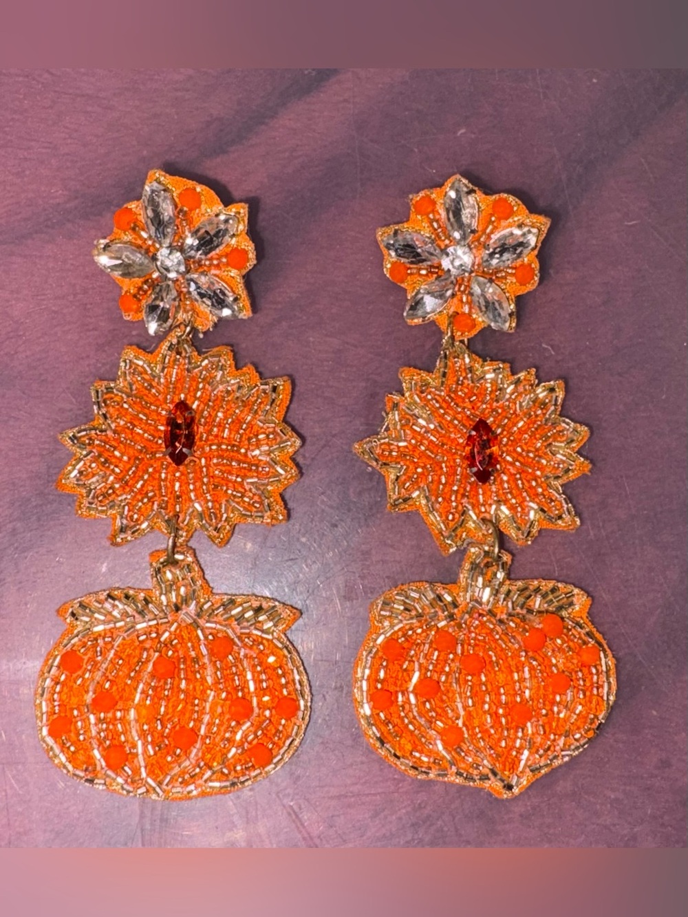 Orange Beaded Pumpkin Floral Statement Earrings Fall Autumn